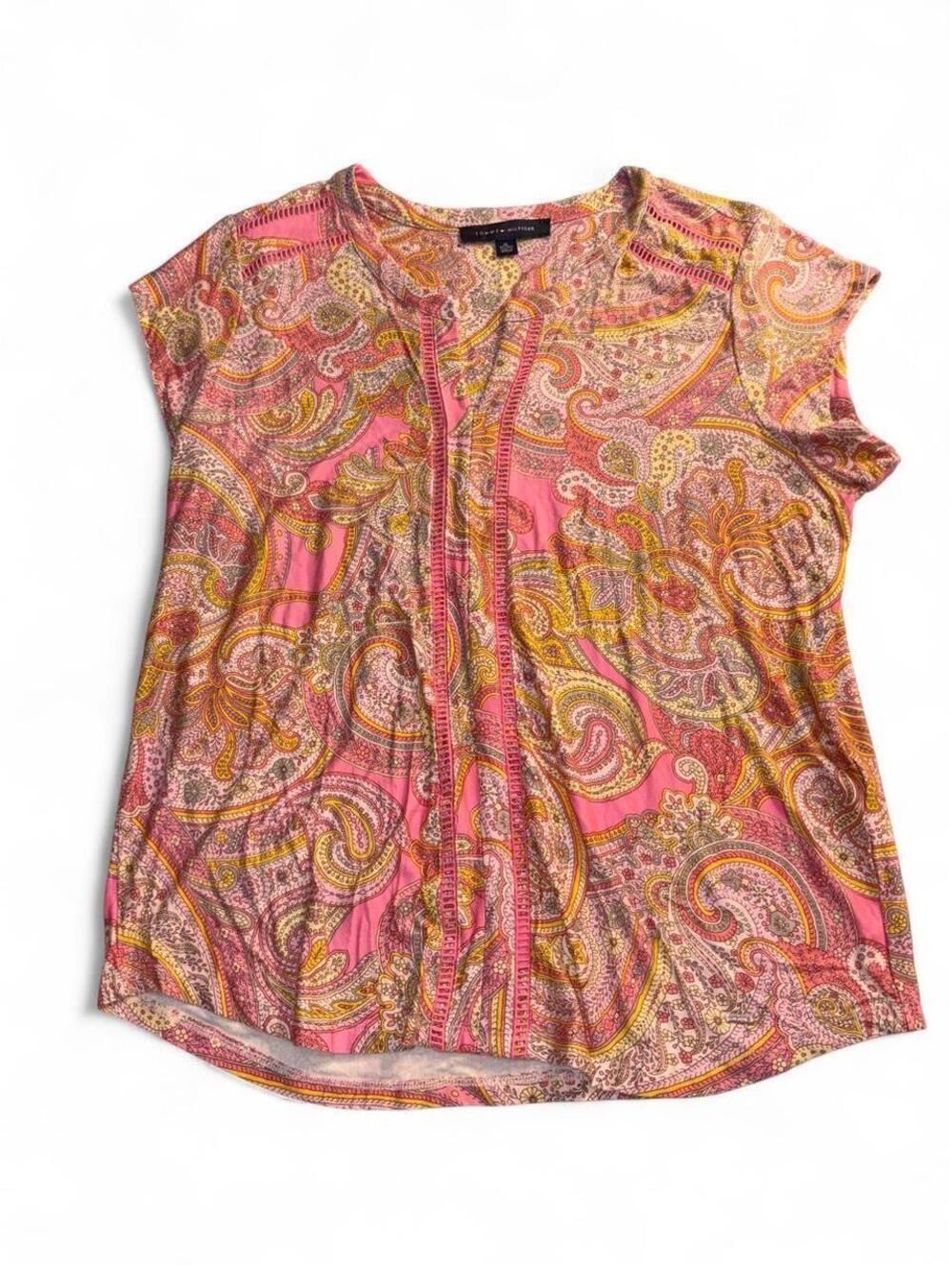 Tommy Hilfiger Pink Paisley Split V-Neck Short Sleeve Blouse - Size XL